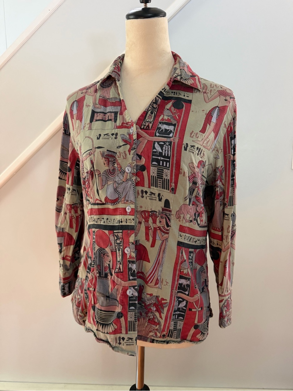 Tianello Egyptian Print Shirt Womens Small Tencel Button Up Made USA Pharaoh